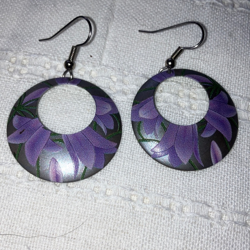Vintage‎ Purple Floral Painted Metal Earrings